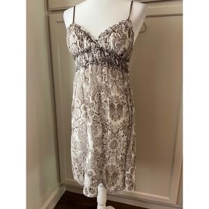 MSSP Brown White Floral Damask Silk Blend Empire Waist Ruffle Slip Dress Small